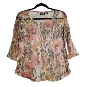 Onque Casuals Sheer Open-knit Y2k Mesh Sequin Floral 3/4 Sleeve Top PS